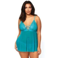 2 Piece Mesh And Lace Empire Waist Babydoll 81561, Turquoise -SD