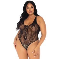 Floral Lace Thong Teddy With Lace Up Front 89248X