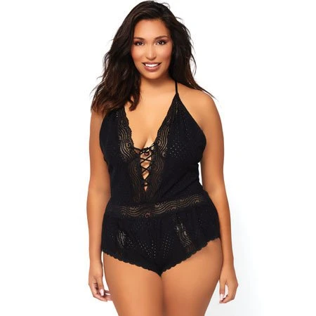 Lace Up Eyelet Romper With Swirl Lace Accents SE8888